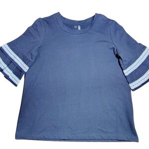 Women's Navy Blue T-Shirt with Embellished‎ Bell Sleeves Size PL festive boho